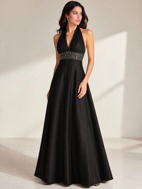 Nicole Miller Black Halter Gown Crystal Waist Evening Dress 4